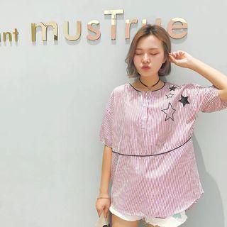 Star Embroidered Pinstriped Elbow Sleeve Top