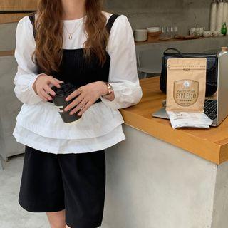 Long-sleeve Ruffled Shirt + Plain Vest Set Of 2 - One Size