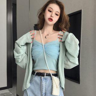 Spaghetti Strap Crinkled Mesh Cropped Top / Light Jacket
