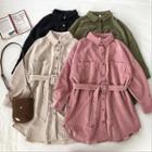 Plain Corduroy Single-breasted Long-sleeve Blouse With Belt