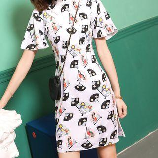 Short-sleeve Fan Print Qipao