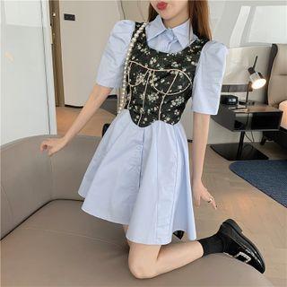 Short-sleeve Mini A-line Shirtdress / Floral Print Corset Top