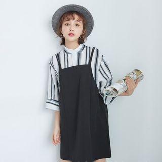 Mock Two Piece Striped Blouse Panel Jumper Dress