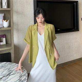 Elbow-sleeve Double Breasted Shirt / Spaghetti Strap Midi Dress