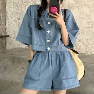 Short-sleeve Denim Crop Shirt / Wide-leg Shorts