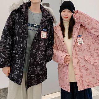 Couple Matching Bear Print Padded Zip-up Parka