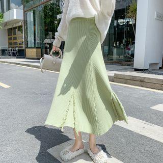 Fringed Knit A-line Long Skirt
