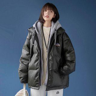 Long-sleeve Applique Faux Leather Padded Coat