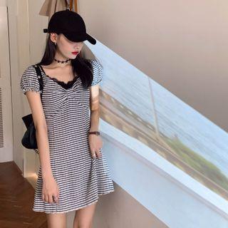 Plaid Bow Puff-sleeve Dress