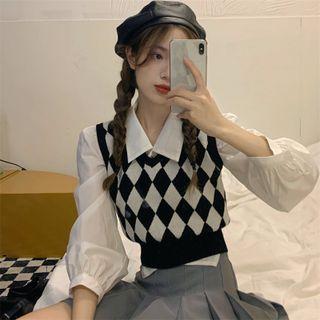 Argyle Knit Vest / Long Sleeve Plain Shirt / Argyle Buttoned Knit Cardigan (various Designs)