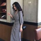 Plaid 3/4-sleeve Sheath Midi Wrap Dress