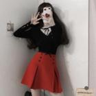 Long-sleeve Lace Panel Top / Mini A-line Skirt