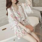 Set: Floral Print 3/4 Sleeve Jacket + Camisole Top + Shorts