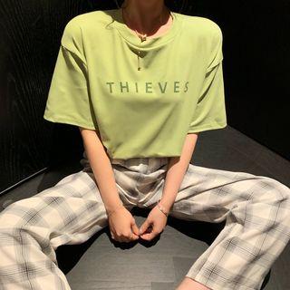 Elbow-sleeve Plain Crew-neck Print Lettering Crop T-shirt Green - One Size