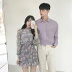 Couple Matching Puff-sleeve Floral Print A-line Dress / Shirt / Straight Leg Pants