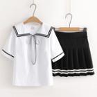 Set: Short-sleeve Sailor Collar Blouse + Pleated Skirt Blouse - White - One Size / Skirt - Black - One Size