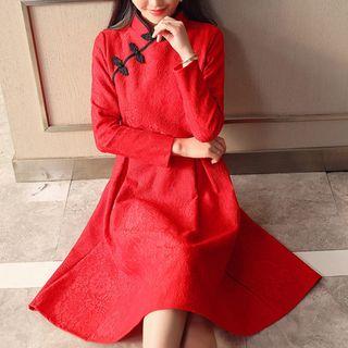 Frog-button Detail Long-sleeve A-line Dress