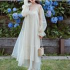 Set: Embroidered Long-sleeve Midi Dress + Slipdress