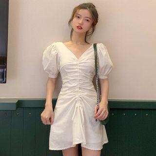 Puff-sleeve Drawstring A-line Mini Dress