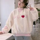 Heart Embroidered Fleece Sweatshirt Off-white - One Size