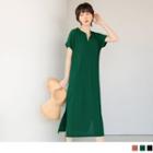 Short Sleeve V-neck Slit-side Midi T-shirt Dress