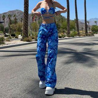 Set: Lace Up Floral Tube Top + Wide Leg Pants