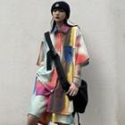 Set: Elbow-sleeve Multicolored Shirt + Wide Leg Shorts Yellow & Tangerine & Green - One Size