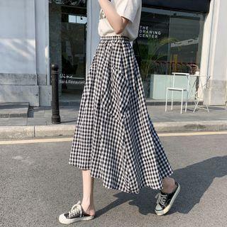 High Waist Gingham Midi A-line Skirt Plaid - Black & White - One Size