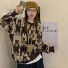 Bear Print Sweater Sweater - Khaki & Brown - One Size