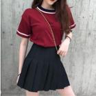 Short Sleeve Striped Knit Top / Pleated Mini A-line Skirt