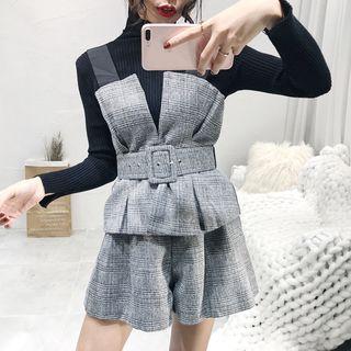 Set: Plaid Sleeveless Top With Belt + Shorts