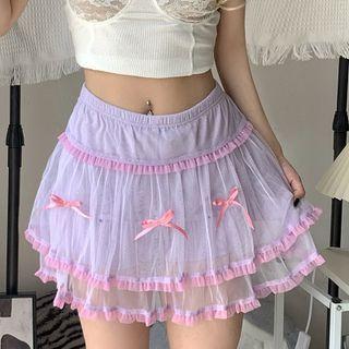 High Waist Mesh Layered Contrast Hem Miniskirt