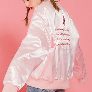 Strawberry Milk Lettering Satin Bomber Jacket