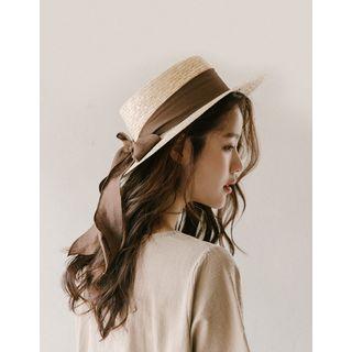 Beribboned Woven Rattan Sun Hat Beige - One Size