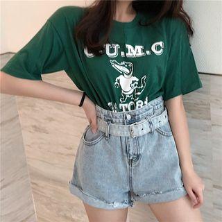Cartoon Print Short-sleeve T-shirt / High Waist Denim Shorts