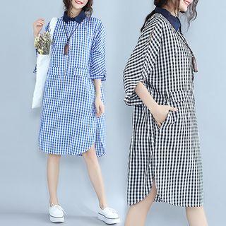 Elbow-sleeve Gingham Shirtdress