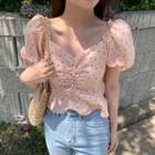 Puff-sleeve Heart Print Cropped Blouse Pink - One Size