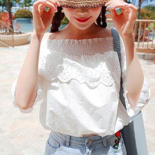 Off-shoulder Elbow-sleeve Smocked Top