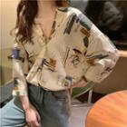 3/4-sleeve Print Shirt Blue & Coffee Printed - Off-white - One Size