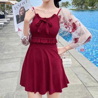 Puff-sleeve Flower Embroidered Swimdress