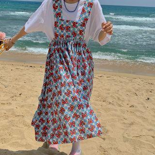 Bow Print Midi Overall Dress Light Blue - One Size