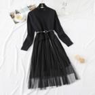 Set: Long-sleeve Knit Dress + Lace Sleeveless Midi A-line Dress
