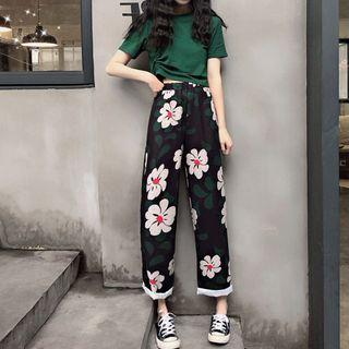 Set: Crew-neck Short-sleeve T-shirt + Flower Print Wide-leg Pants