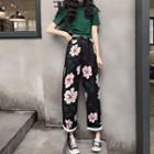Set: Crew-neck Short-sleeve T-shirt + Flower Print Wide-leg Pants