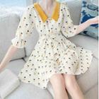 Elbow-sleeve Heart Print Contrast Collar A-line Dress
