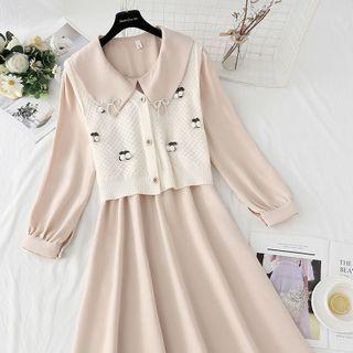 Set: Long-sleeve Collared Midi A-line Dress + Cherry Detail Button-up Sweater Vest