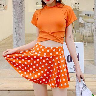 Set: Short-sleeve Rashguard + Dotted Swim Skirt