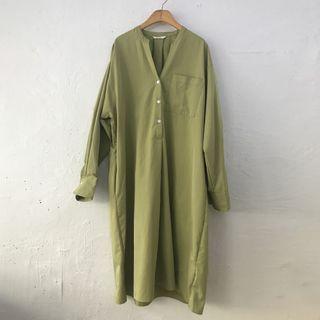 V-neck Long-sleeve Shirt Dress Green - One Size