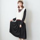 Set: Long Sleeve Pleated Midi Dress + V-neck Striped Vest Black - One Size