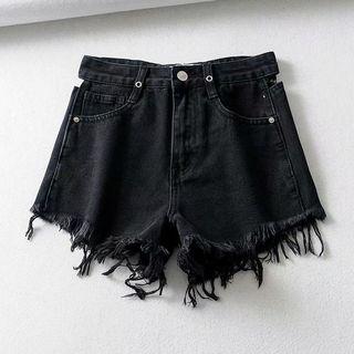 Grommet-accent Fray-hem Denim Shorts